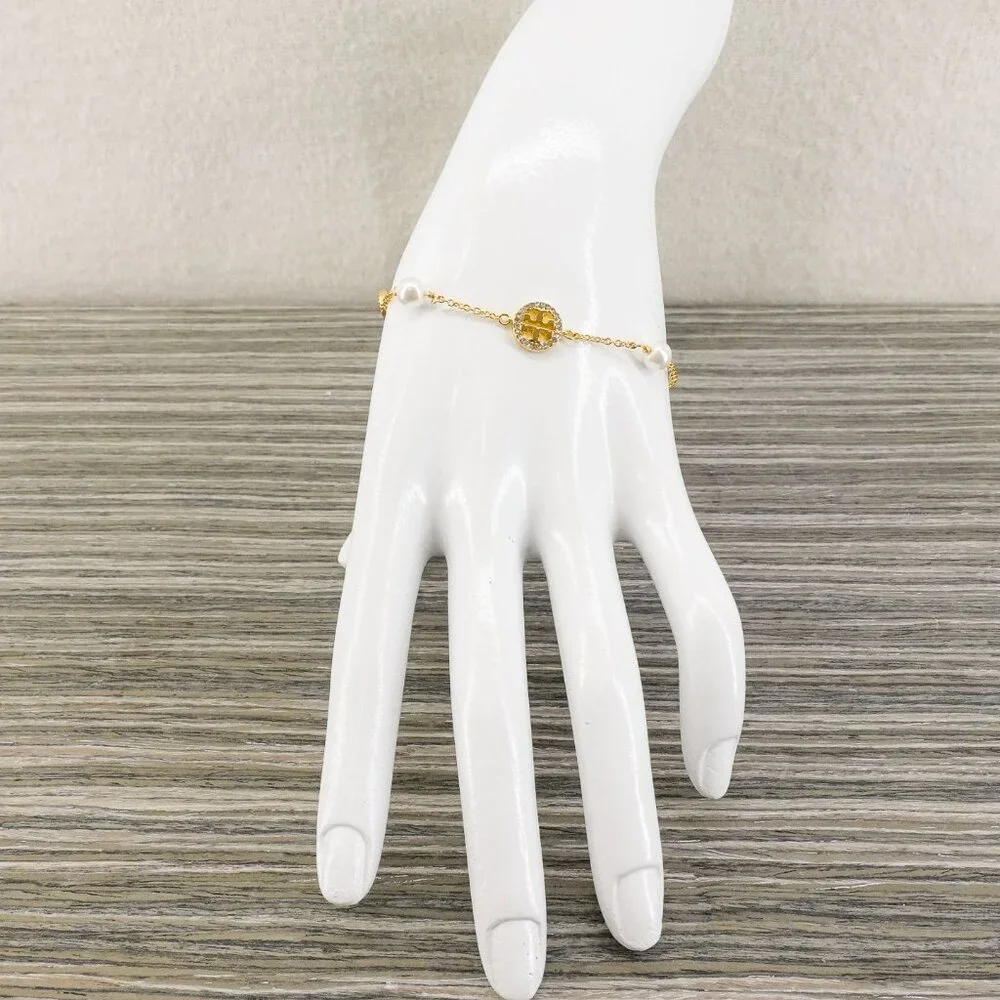 Tory Burch Crystal Logo & Imitation Pearl Station Bracelet Ivory/Tory Gold OS